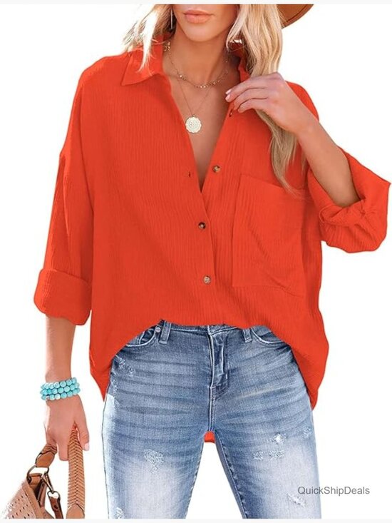 Tops - Oversized Cotton Gauze Button Down Blouse Long Sleeve V-Neck